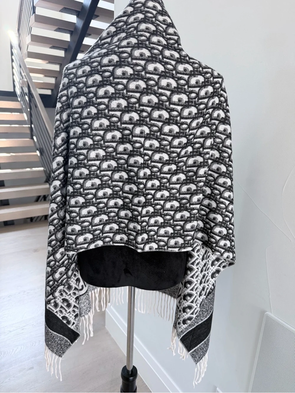 Dior Gray & White Logo Fringe Shawl